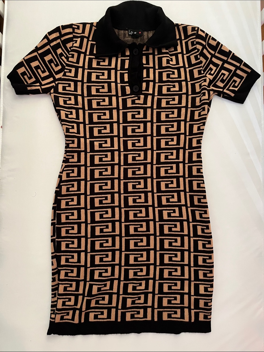 Love Black and Tan Geometric Knit Polo Mini Dress